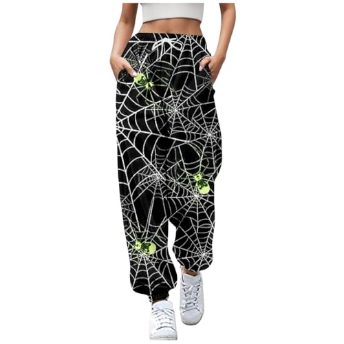 2024 Halloween Damen Jogginghose Sporthosen Lange Yoga Hosen Loose Casual Jogginghose High Waist Loose Fit Elastischer Bund Freizeithosen Hohe Trainingsanzug Hosen Sweathose mit Taschen Grün XL von Luadnysin