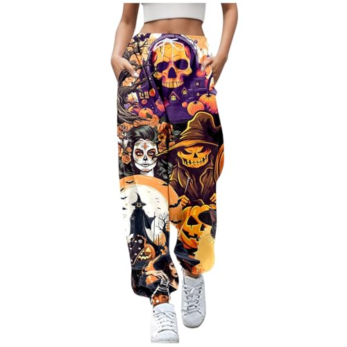 2024 Halloween Damen Jogginghose Sporthosen Lange Yoga Hosen Loose Casual Jogginghose High Waist Loose Fit Elastischer Bund Freizeithosen Hohe Trainingsanzug Hosen Sweathose mit Taschen Hellgelb L von Luadnysin