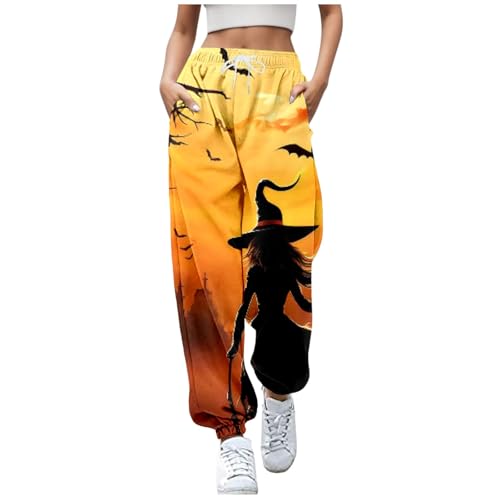 2024 Halloween Damen Jogginghose Sporthosen Lange Yoga Hosen Loose Casual Jogginghose High Waist Loose Fit Elastischer Bund Freizeithosen Hohe Trainingsanzug Hosen Sweathose mit Taschen Orange XXL von Luadnysin