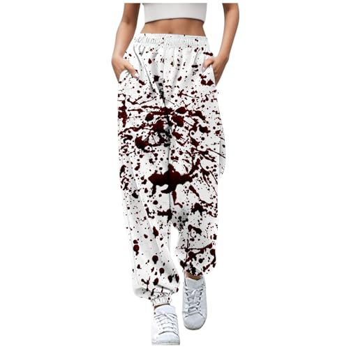 2024 Halloween Damen Jogginghose Sporthosen Lange Yoga Hosen Loose Casual Jogginghose High Waist Loose Fit Elastischer Bund Freizeithosen Hohe Trainingsanzug Hosen Sweathose mit Taschen Weiß L von Luadnysin