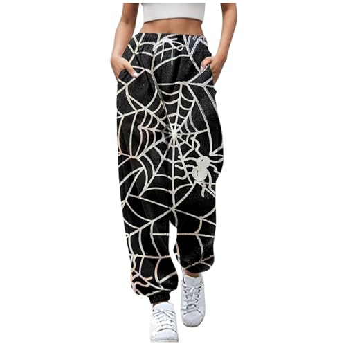 2024 Halloween Damen Jogginghose Sporthosen Lange Yoga Hosen Loose Casual Jogginghose High Waist Loose Fit Elastischer Bund Freizeithosen Hohe Trainingsanzug Hosen Sweathose mit Taschen Weiß S von Luadnysin