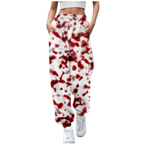 2024 Halloween Damen Jogginghose Sporthosen Lange Yoga Hosen Loose Casual Jogginghose High Waist Loose Fit Elastischer Bund Freizeithosen Hohe Trainingsanzug Sweathose mit Taschen Wassermelonenrot XL von Luadnysin