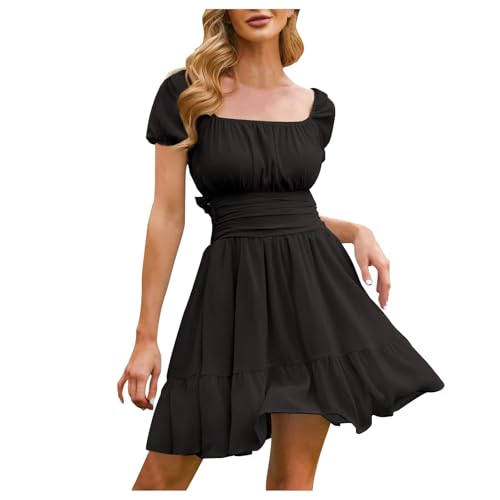 Angebote des Tages Heute Chiffonkleid Damen Leicht Rüschen Kleid Freizeit Einfarbig Sommerkleid Coquette Kurzarm Lose Strandkleid Knielanges Sommer Dress Tunika A Linie Kleider Schwarz XL von Luadnysin