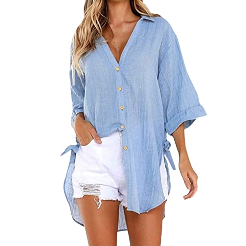 Damen Hemdbluse V-Ausschnitt Elegant Tunika Hemd Sommershirts Hemdjacke Oversized Knöpfleiste Schwarzes Baumwolle Einfarbig Lässige Sommerbluse Blusen Oberteile Tops Hemdbluse von Luadnysin