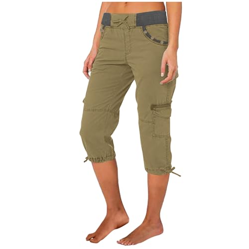 Damen Sommer 7/8 Hose Baumwolle Hohe Taille Sommerhose Dreiviertel Sporthose Regular Fit Stretch Caprihose Freizeithose Jogginghose mit Taschen Arbeitshose Kurze Hosen Cargohosen Stoffhose Grün S von Luadnysin