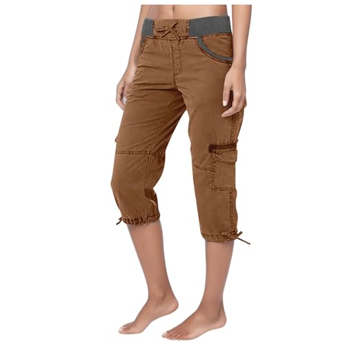 Damen Sommer 7/8 Hose Baumwolle Hohe Taille Sommerhose Dreiviertel Sporthose Regular Fit Stretch Caprihose Freizeithose Jogginghose mit Taschen Arbeitshose Kurze Hosen Cargohosen Stoffhose Kaffee S von Luadnysin