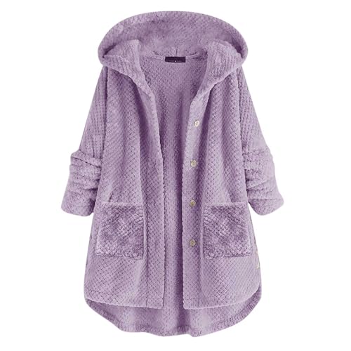 Fleecejacke Damen Lang Kapuzenjacke Sweatjacke Teddyjacke mit Kapuze Große Größen Kuscheljacke Outdoor Winterjacke Plüschjacke Teddy Sweatshirt Jacke Lila M von Luadnysin