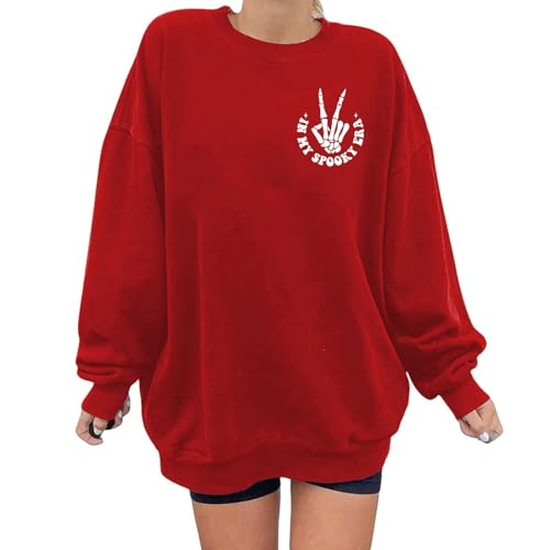 Halloween Sweatshirt Damen Ghost Rundhalsausschnitt Pullover Coole Baggy Pulli Basic Damenpullover Langarmshirt Modische Fashion Streetwear Jugendliche Sweatshirts Klamoten Rot XL von Luadnysin