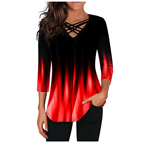 Langarmshirt Damen Baumwolle Langarmshirts Für Basic Casual Oberteile Oberteil Frühlings Curvy Sweatshirt Tunika Tops Bequeme Elegant Modisches T Shirt Pullover Rot XL von Luadnysin