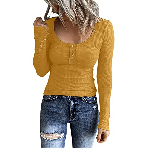 Langarmshirt Damen Leicht Und Luftig Langarmshirts Für Elegant Oversize Long Top Sweatshirt Basic Curvy Longtops Lässig Longsleeve T Shirt Vintage Oberteil Outfit Gelb S von Luadnysin