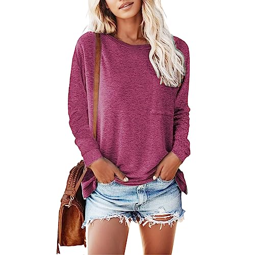 Langarmshirt Damen Oversize Langarmshirts Für Curvy Lässig Oberteil Tunika Tops Festival Sexy Bluse Blusen Damenmode Longsleeve Bequeme Sweatshirts Klamotten Rot XL von Luadnysin