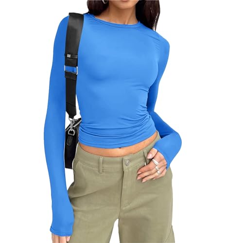 Langarmshirt Damen Y2k Clothes Langarmshirts Für Basic Bauchfreies Oberteil Oberteile Cropped Crop Top Sweatshirt Fashion Damenmode Tops Tshirts Outfit Blau XS von Luadnysin