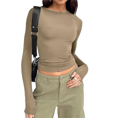 Langarmshirt Damen Y2k Clothes Langarmshirts Für Basic Bauchfreies Oberteil Oberteile Cropped Crop Top Sweatshirt Fashion Damenmode Tops Tshirts Outfit Khaki XL von Luadnysin