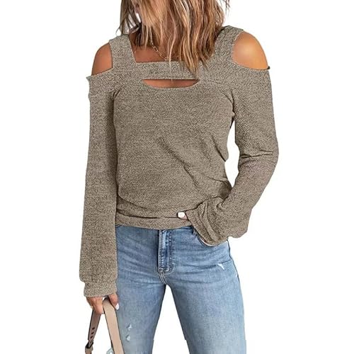 Langarmshirts Für Damen Schulterfrei Langarmshirt Damenmode Longsleeve Oberteile Festival Curvy Oberteil Bequeme Einfarbige Tunika Tops Lässig Bluse Sweatshirts Damenbluse Khaki L von Luadnysin