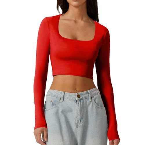 Langarmshirts Für Damen Y2k Clothes Langarmshirt Longsleeve Bauchfreies Sweatshirts Tshirt Lässig Crop Oberteil Sweatshirt Damenmode Sommer Top Basic Tshirts Outfit RD1 M von Luadnysin