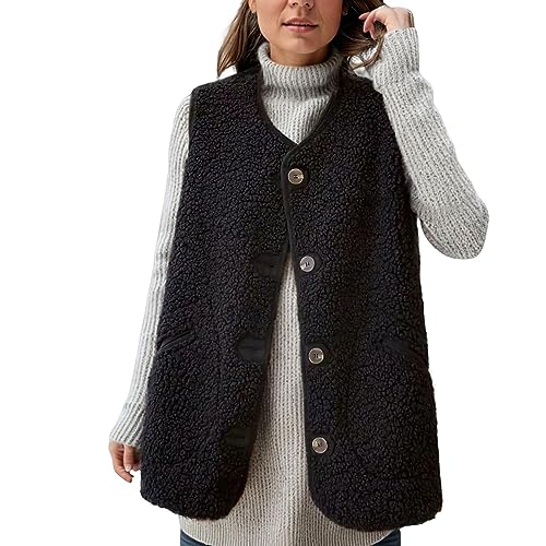 Luadnysin Teddy Fleece Weste Damen Ärmellos Westen Herbst Winter Warm Casual Bequem Einfarbig Plüsch Weste Kurz Knopf Jacke Lose Jacke Fleeceweste Plüschweste Outwear Westen von Luadnysin