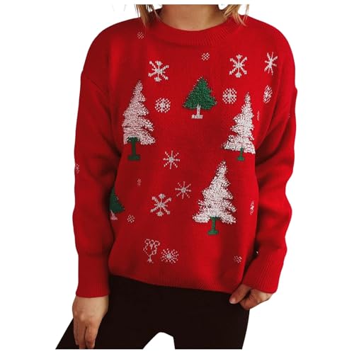 Luadnysin Weihnachtspullover Damen Ugly Christmas Sweater Rundhals Retro Weihnachtspullover Weihnachtspullis Freizeit Pullover Ugly Sweater Ugly Weihnachtspulli Rot M von Luadnysin