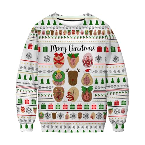 Lustig Weihnachtspullover Herren Weihnachtsdruck Weihnachtspullover Retro Rundhals Weihnachtspulli Pullover Lose Weihnachtskostüm Partner Weihnachtspullover Weiß XXL von Luadnysin