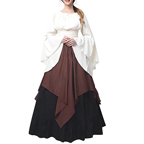 Mittelalter Kostüm Damen Renaissance Schottische Kleid Lang Bauernkleid Halloween Kleidung Hexenkostüm Medieval Viktorianisches Wikinger Fantasy Dress Kostüme Gewandung Westernkleid Kaffee S von Luadnysin