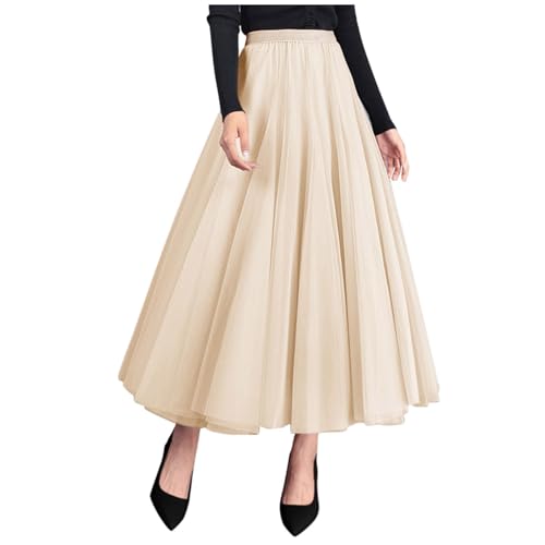 Rock Damen Elegant Vintage 50er Rockabilly Tütü Mini Rock Mesh-Rock Midi Plisseerock Prinzessin Langer Rock Für Faschingskostüme Karneval Kostüm Halloween Beige von Luadnysin