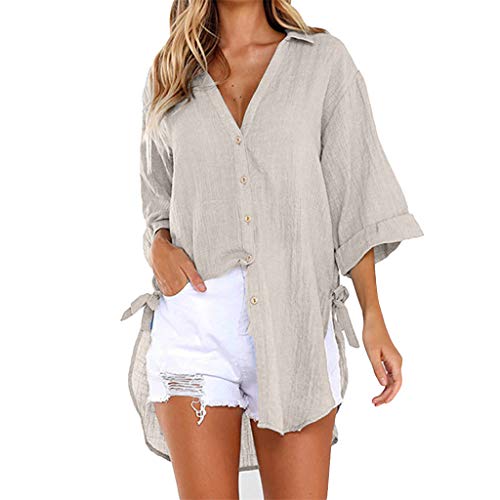 Sommerbluse Damen Blusen Elegant Kurzarm Strandbluse Knöpfleiste V-Ausschnitt Sommerbluse Schwarzes Lässige Stehkragen Leicht Oberteile Tops Tunika Hemd Hemdbluse Hemdjacke von Luadnysin