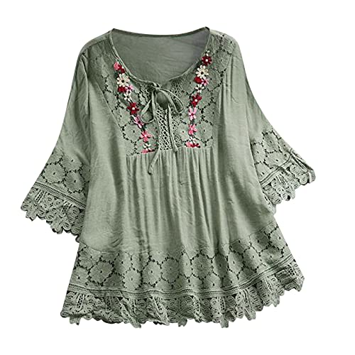 Spitze Bluse Damen 3/4-Ärmel Longbluse Retro Patchwork Spitzenbluse Große Größen Tshirt Oberteile Elegant V-Ausschnitt Blusenshirt Tunika S-5Xl,Green,XXL Spitze Bluse Damen 3/4-Ärmel Longbluse Retro Patchwork Spitzenbluse Große Größen Tshirt Oberteile Elegant V-Ausschnitt Blusenshirt Tunika S-5Xl,Green,XXL von Luadnysin