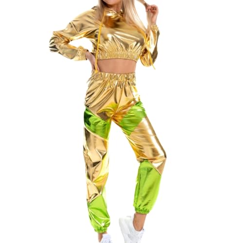 Sportanzug Damen Hip Hop Outfit Langarm Glitzer 90er Jahre Outfit 70er Jahre Outfit Metallic Oberteil Disco Outfit Crop Top Hoodie+Jogginghose 2tlg Faschingskostüme Gold L von Luadnysin