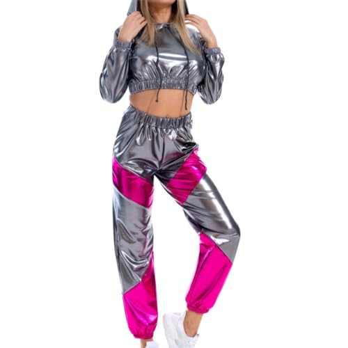 Sportanzug Damen Hip Hop Outfit Langarm Glitzer 90er Jahre Outfit 70er Jahre Outfit Metallic Oberteil Disco Outfit Crop Top Hoodie+Jogginghose 2tlg Faschingskostüme Grau M von Luadnysin