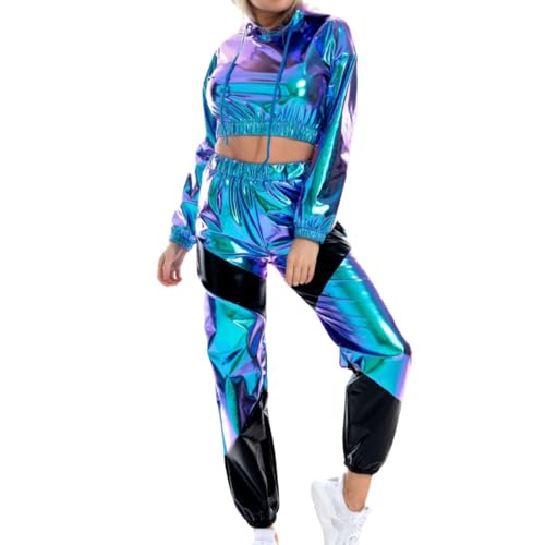 Sportanzug Damen Hippie Kostüm Glitzer Kapuzen Hip Hop Outfit 90er Jahre Outfit Metallic Hose Glitzer Top Crop Top Hoodie+Jogginghose 2tlg Metallic Oberteil Heißes Rosa XL von Luadnysin