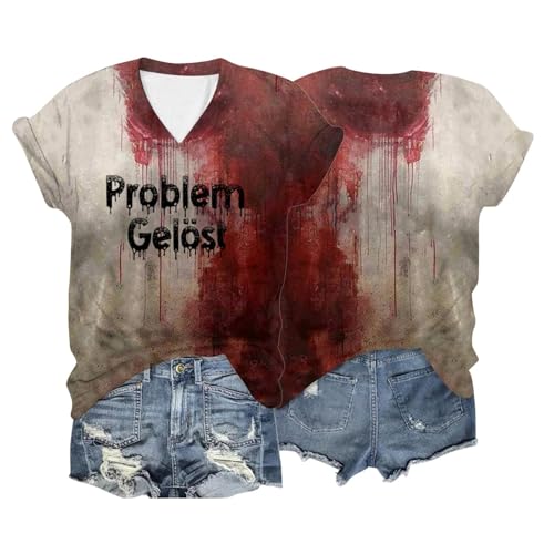 T Shirt Problem Gelöst Blood Drucken T-Shirt 2024 Luftig Tshirt Top Halloween Druck Lustig Tee Sommerbluse Elegant Kurzarm Blusen Oberteil Bloody Shirts Kostüm Khaki 4XL von Luadnysin