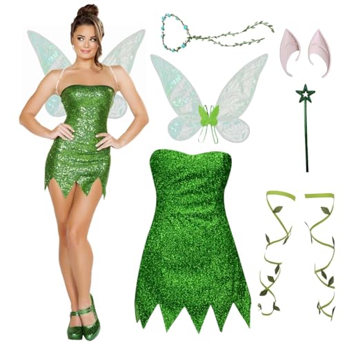 Tinkerbell Kostüm Damen Elfen Viktorianisches Traditionelles Kleidung Dress Party Elegant Kleid Kostüme Medieval Renaissance Glitzer Costume Dresses Feenkostüm von Luadnysin