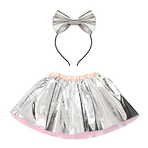 Tüllkleid Für Mädchen Mit Haarschleife-Tüllrock Ballett-Tanzkleid Kinder Kostüm Tüllrock Karneval Prinzessin Minirock Tutu Ballettrock Für Karneval Geburtstag Halloween Party Silber L von Luadnysin