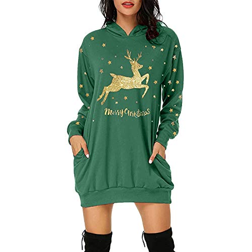 Weihnachtspulli Damen, Sweatkleid Weihnachts Teenager Mädchen Weihnachtspullover Rudolph Rentier Elfe Kapuzenpullover Hoodie Kleid Lustig Lose Winterkleid Hässlich Weihnachtskleid Pulloverkleid von Luadnysin