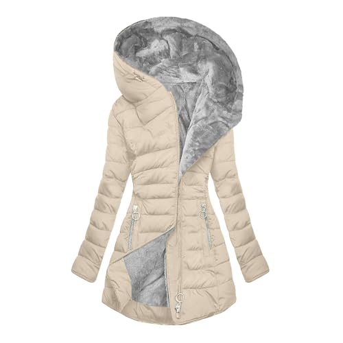 Winterjacke Damen Fell Gefüttert Steppjacke Warme Wintermantel Dicke Winterparka Lang Teddyfutter Damen-jacken Winter Parka mit Kapuze, Taschen von Luadnysin