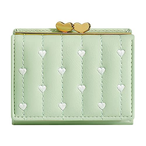 Luckywaqng Damen dreifach gefaltete Mini-Multifunktions-ID-Geldbörse, Besticktes Herz, Kurze Damen-Clip-Geldbörse Herren Brieftasche Echtleder (Green, One Size) von Luckywaqng