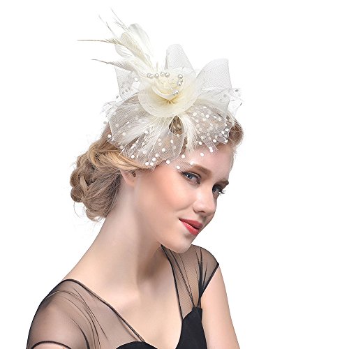 Luckywaqng Flower Party Headband Hut Mesh Cocktail Frauen Bänder Federn Kopfbedeckung Schlüsselanhänger Tanzen (Khaki, One Size) von Luckywaqng