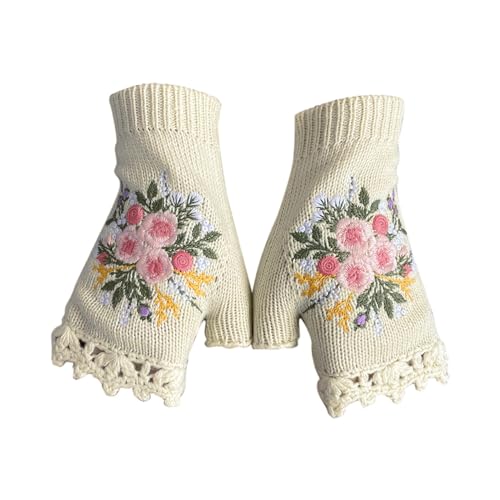 Luckywaqng Handschuhe Fingerlos Damen Damen Winter handbestickte Handschuhe Strickhandschuhe Imitation Spitzenhandschuhe Winter warme Handschuhe Handgewebte Handschuhe Finger Handschuhe (White, S) von Luckywaqng