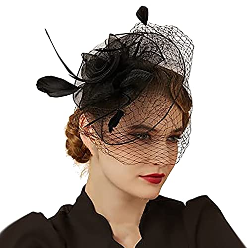 Luckywaqng Hüte für Damen Fascinators Damen Pillbox Blumenhut für Tea Party Cocktail Hochzeit Kirche Schweißband Herren Stirn (Black, One Size) von Luckywaqng