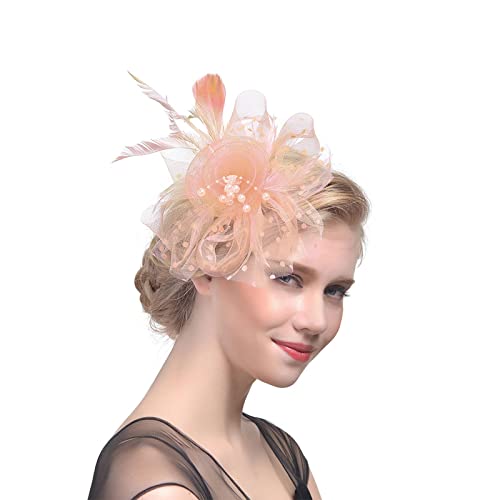 Luckywaqng Hut für Frauen Tea Party Stirnband Hochzeit Cocktail Mesh Federn Haarspange Stirnband Damen Schwarz Winter (Beige, One Size) von Luckywaqng