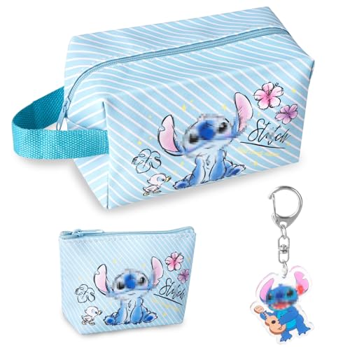 Kosmet iktasche Mädchen- Reise Kulturtasche mit Geldbörse Schlüsselanhänger Groß Süße Cartoon Blau Make-up Tasche Zippered PU Reisetasche Weihnachts Geburtstag Geschenke für Kinder Frauen Teenager von Luclay