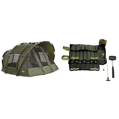 Lucx Leopard Bivvy Angelzelt Personen Karpfenzelt 2 bis 3 Mann Anglerzelt Carp Dome Fishing Tent 10.000mm, Oliv Grün, 1-3 Zelt & Heringe-Set 14-TLG. inkl. Gummihammer und Tasch von Lucx