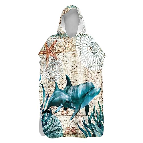 Lukery Badeponcho mit Kapuze für Kinder Erwachsene, Mikrofaser Schnelltrockend Bademantel Poncho, Batik Surfponcho Umziehhilfe für Herren/Damen (75x145cm,Delfin) von Lukery