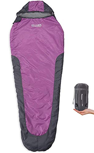 Where Tomorrow Schlafsack Small and Light - 220 x 80 x 50 cm - inkl. Packsack - kleines Packmaß 26 x 14 cm gepackt - 700g - Ultraleicht - für Outdoor, Backpacking - Grau/Lila von Lumaland