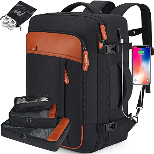 Lumesner Handgepäck-Rucksack, extra groß, 40 l, Flugzugelassen, Reiserucksack für Männer und Frauen, erweiterbar, großer Koffer-Rucksack mit 4 Packwürfeln, (Schwarz (Rucksack mit 3 Packwürfeln)) von Lumesner