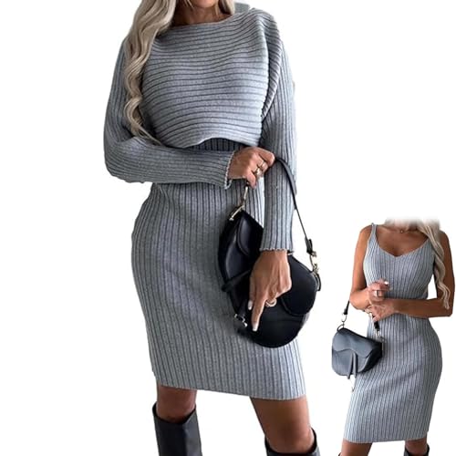 Ärmelloses Kleid Mit Passendem Pullover, 2-teiliges Damenkleid-Set, Lässiges Damenkleid, Zweiteiliges Strickoutfit, Lässiges Damen-Strickpulloverkleid (Grau,3XL) von Lurebest