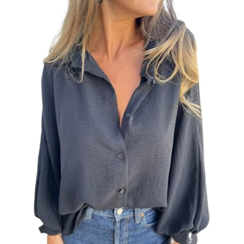 Elegantes, Einfarbiges Button-Up-Hemd Für Damen, Langarmhemden Für Damen, Elegante, Lässige Button-Down-Hemden Mit Puffärmeln, übergroße Boyfriend-Blusen (Schwarz,L) von Lurebest