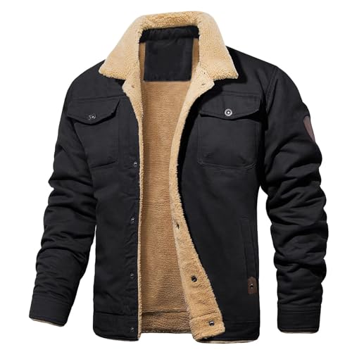 Julian Winterjacke Mit Fleecefutter, Langärmlige Daunenjacke Mit Druckknopfverschluss Für Herren, Bomberjacke Aus Baumwolle Mit Taschen, Langärmlige Fleecemäntel (Schwarz,XL) von Lurebest