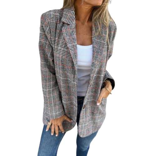 Lässiger Karierter Blazer Mit Revers, Karierter Blazeranzug Mit Reverskragen Und Knopfleiste Für Damen, Karierte Blazerjacken Mit Offener Vorderseite, Blazerjacke Für Die Arbeit Im Büro (Braun,5XL) von Lurebest