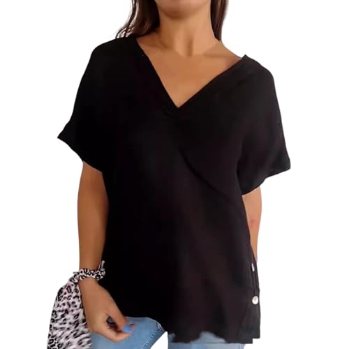 Lässiges T-Shirt Mit V-Ausschnitt Und Kurzen Ärmeln, übergroße T-Shirts Für Damen, V-Ausschnitt, Kurze Ärmel, Lässige Basic-Oberteile Für Den Sommer, Tuniken Mit Knopfdetail (Schwarz,5XL) von Lurebest