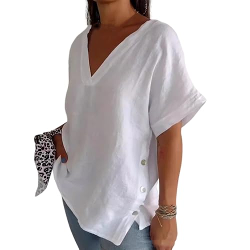 Lässiges T-Shirt Mit V-Ausschnitt Und Kurzen Ärmeln, übergroße T-Shirts Für Damen, V-Ausschnitt, Kurze Ärmel, Lässige Basic-Oberteile Für Den Sommer, Tuniken Mit Knopfdetail (Weiß,2XL) von Lurebest